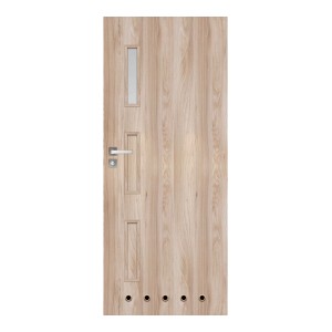 Jasne kolorowe drzwi wewnętrzne z wkładką szklaną i klamką, widok szczegółowy.