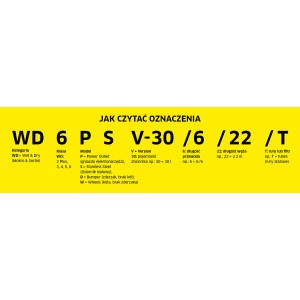 Objaśnienie symboli dla odkurzacza t.b.t. do czyszczenia na sucho i na mokro: WD, moc, wersja, pojemność zbiornika, długość kabla, długość węża, akcesoria.