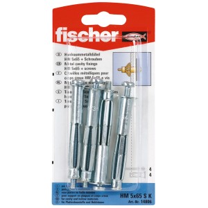 Fischer HM 5x65 SK kołki do płyt gipsowych, 4 szt., metalowe kotwy ze śrubami do płyt kartonowo-gipsowych i sufitów podwieszanych.