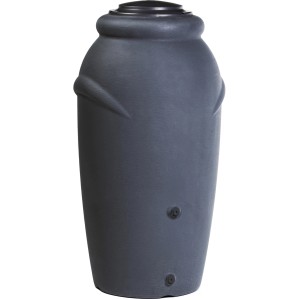 Antracytowy zbiornik na deszczówkę Waterform Aquacan 210 l w kształcie amfory z pokrywą i dwoma przyłączami.