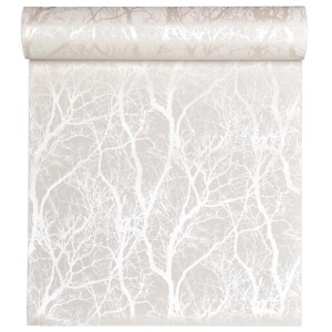 Tapeta dekoracyjna t.b.t. z motywem drzewa w kolorze białym i beżowym.