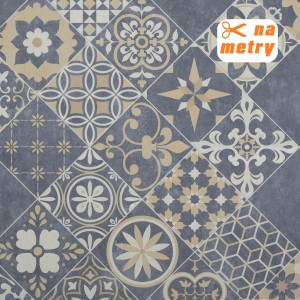 Dekoracyjna wykładzina podłogowa PCV z niebiesko-beżowym wzorem.