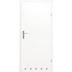 Białe drzwi wewnętrzne t.b.t. z pięcioma okrągłymi wycięciami na dole i srebrną klamką.