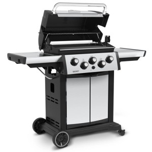 Grill gazowy z półkami bocznymi i szafką, wózek grillowy do ogrodu i na taras.