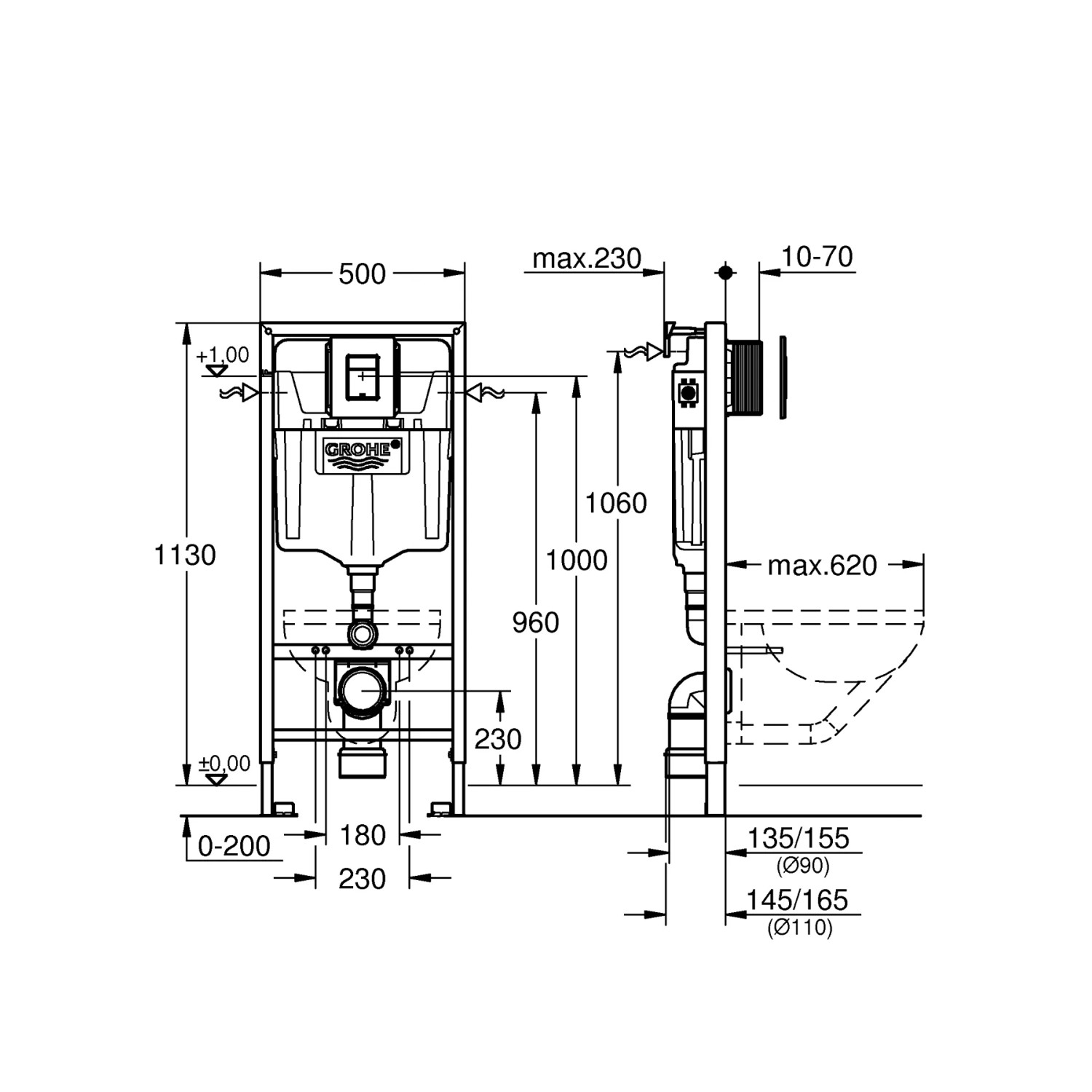 Rysunek wymiarowy Grohe QuickFix element podtynkowy Solido WC z płytką Skate Cosmopolitan chrom.
