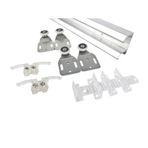 Zestaw szyn prowadzących t.b.t. z rolkami, stoperami i akcesoriami.