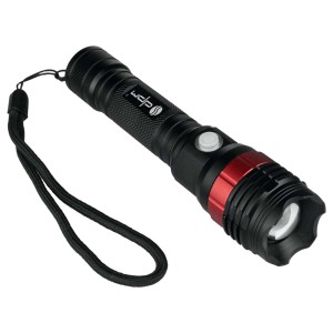 Czarna latarka t.b.t. z paskiem na nadgarstek i czerwonym akcentem.