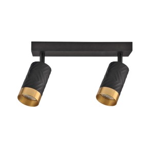 Czarna lampa sufitowa LED t.b.t. z dwoma reflektorami i złotymi akcentami.