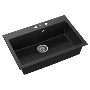 Czarny zlewozmywak granitowy t.b.t. z ociekaczem i otworami na baterię.