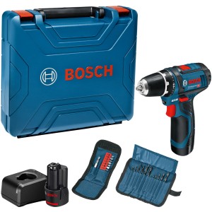 Wiertarko-wkrętarka akumulatorowa Bosch Professional GSR 12V-15 w walizce z 2 akumulatorami, ładowarką, zestawem bitów i wierteł.