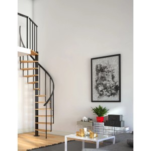 Schody spiralne Dolle Calgary, Ø 120 cm, buk/antracyt, w salonie.
