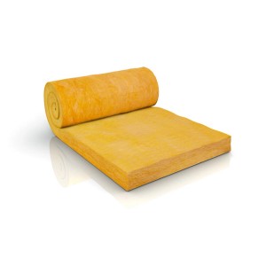Żółta rolka wełny mineralnej, materiał izolacyjny do wnętrz.