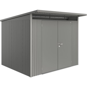 Metalowy domek narzędziowy Biohort AvantGarde Gr. A6 w kolorze kwarcowy szary metalik z podwójnymi drzwiami.