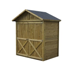 Kompaktowy, brązowy drewniany domek ogrodowy na narzędzia i sprzęt ogrodniczy.