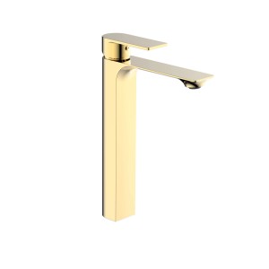 Złota bateria umywalkowa t.b.t. do nowoczesnych łazienek.