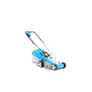 Niebiesko-szara kosiarka elektryczna t.b.t.. Kosiarka do trawy do ogrodu.