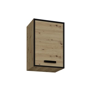 Szafka wisząca z serii mebli kuchennych t.b.t. z efektem drewna i czarną ramą.