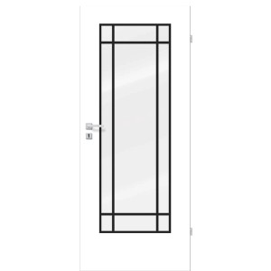 Białe drzwi wewnętrzne t.b.t. z szybą i czarną ramą.
