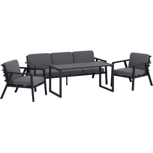 Szary zestaw mebli ogrodowych z sofą, stołem i dwoma fotelami.