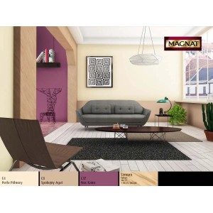 Aranżacja salonu z farbami Magnat. Kolorowe farby do ścian w odcieniach beżu, fioletu i brązu.