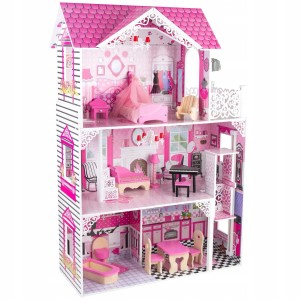 Różowy domek dla lalek z meblami i trzema piętrami dla dzieci.