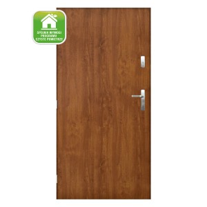 Brązowe drzwi zewnętrzne z fakturą drewna i srebrną klamką.