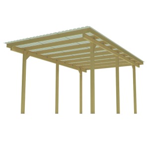 Otwarty drewniany garaż (t.b.t.) z metalowym dachem. Wiata garażowa do ogrodu.