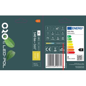 Opakowanie żarówki LED G4 ORO ze szczegółami technicznymi i klasą efektywności energetycznej F.