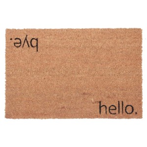 Wycieraczka z napisem "hello." i "bye.". Kokosowa wycieraczka.