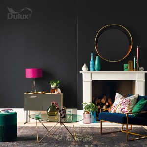 Salon z ciemnoszarą farbą do ścian t.b.t. i kominkiem.