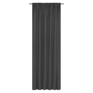 Szara zasłona t.b.t. z taśmą marszczącą.