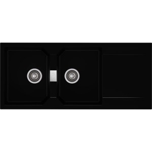 Czarny zlewozmywak granitowy t.b.t. z dwiema komorami i ociekaczem.