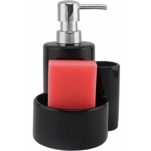 Czarny zestaw akcesoriów do zlewu z dozownikiem, gąbką i uchwytem.