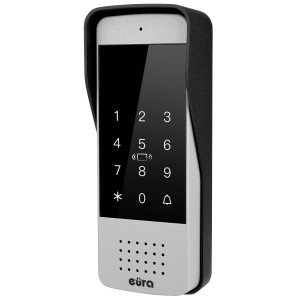 Nowoczesny domofon t.b.t. z klawiaturą i ochroną przed warunkami atmosferycznymi do użytku zewnętrznego.