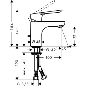 Rysunek techniczny: Bateria umywalkowa Hansgrohe Logis E 70 z wymiarami.