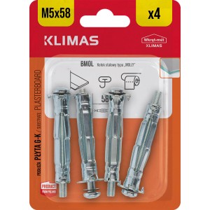 4 szt. Kołki stalowe Klimas BMOL M5x58 typu Molly do płyt gipsowych, śruby i kołki.