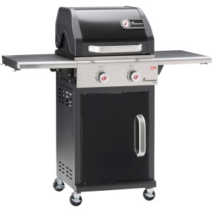 Landmann Triton PTS 2.0 grill gazowy, czarny wózek grillowy z 2 palnikami i półkami bocznymi.