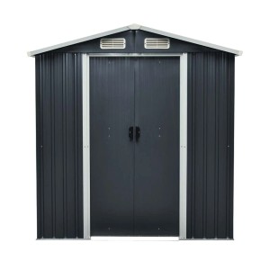 Metalowy domek narzędziowy t.b.t. z podwójnymi drzwiami i kratkami wentylacyjnymi.