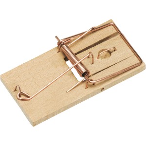 Drewniana pułapka na myszy z drucianym pałąkiem i sprężyną.