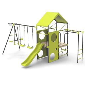 t.b.t. Plac zabaw z huśtawką, zjeżdżalnią i drabinkami w kolorze zielonym i czarnym.