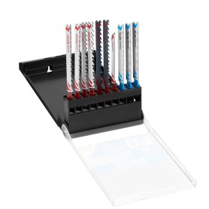 Zestaw brzeszczotów do wyrzynarek t.b.t. w pudełku, różne wzory do drewna i metalu.