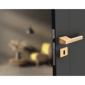 Nowoczesna, złota klamka na ciemnych drzwiach. Okucie do drzwi wewnętrznych.