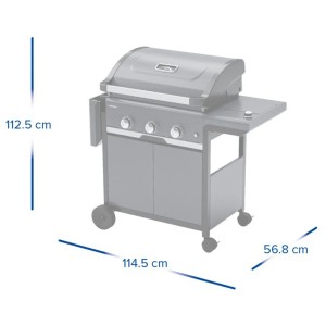 Grill gazowy t.b.t. z wymiarami do użytku na zewnątrz.