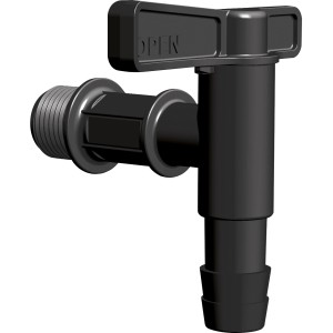 Czarny kranik z tworzywa Waterform do beczek na deszczówkę Wood i Aquacan.