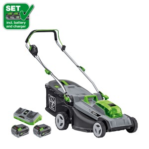 Zestaw kosiarki akumulatorowej LUX z 2 akumulatorami i ładowarką, szerokość koszenia 43 cm.