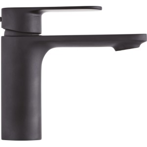 Nowoczesna, czarna bateria umywalkowa do łazienki.