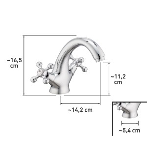 Chromowana bateria umywalkowa t.b.t. z krzyżowymi uchwytami i wymiarami.