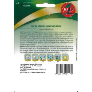 Opakowanie nasion bazylii tajskiej 'Siam Queen'. Aromatyczne zioło do grządek i doniczek.