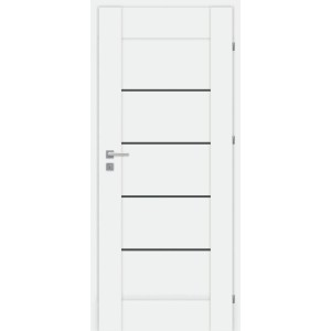 Białe drzwi wewnętrzne t.b.t. z czterema poziomymi liniami dekoracyjnymi i srebrną klamką.