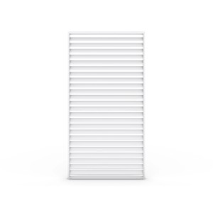 Biały pawilon t.b.t. z poziomymi listwami zapewniającymi cień i prywatność.